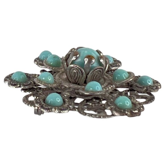Vintage 1950s Silver Filigree Design Simulated Faux Turquoise Cabochon Brooch - Picture 3 of 6